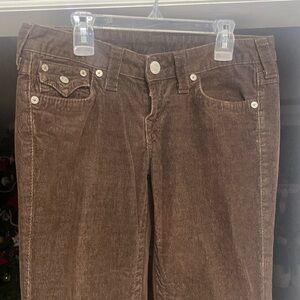 Brown corduroys. True Religion. Flared bootcut bottom.